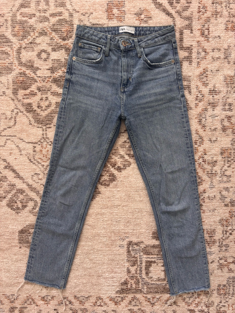 Zara Straight Jeans in Washed Blue with distressed hem - Women’s Size 2
